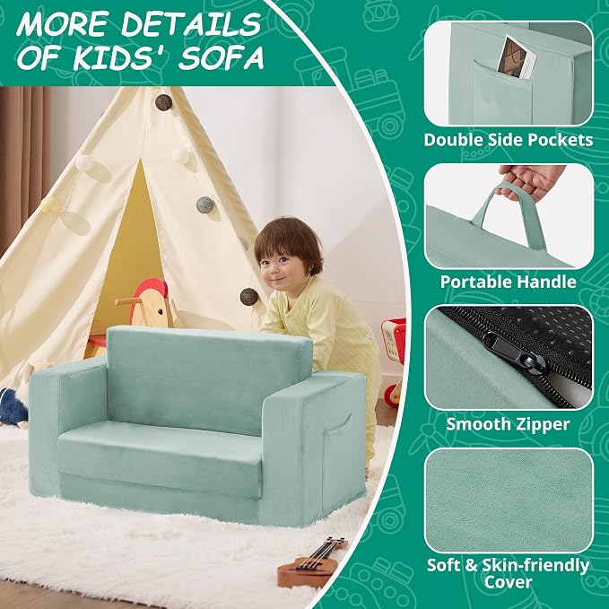 Kids Couch, 2-in-1 Toddler Chair Comfy 1-3 Years, Convertible Kids Chair - Image 4