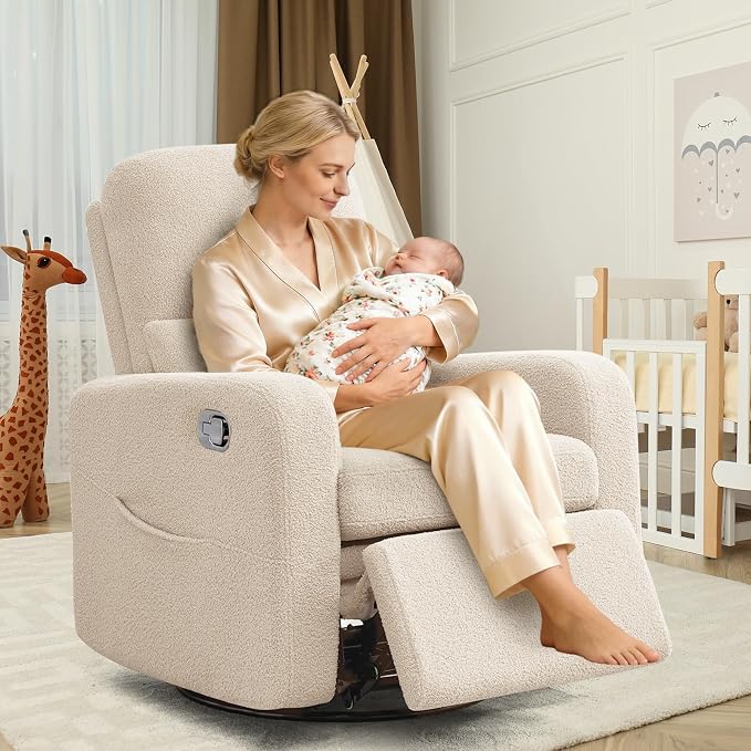 Swivel Rocker Recliner, Oversized Manual Boucle Nursery Glider Rocking Recliner - Image 4