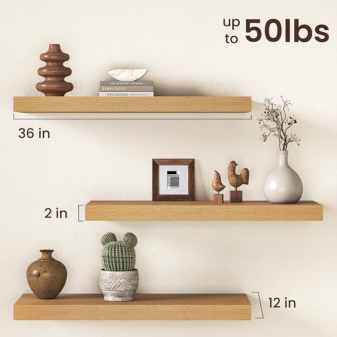 36Inch Oak Floating Shelves for Wall, 12 Inch Deep Shelves for Bedroom - Image 3