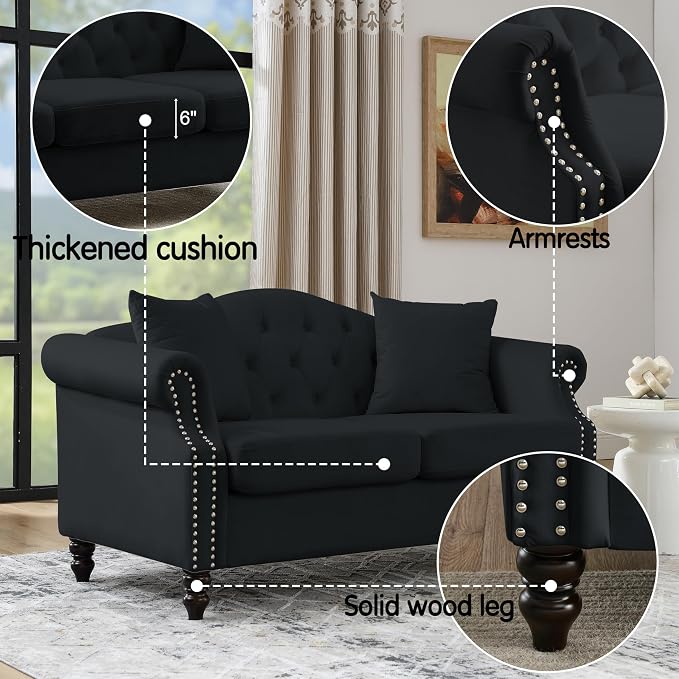 57" Chesterfield Black Velvet 2-Seater Sofa - Image 3
