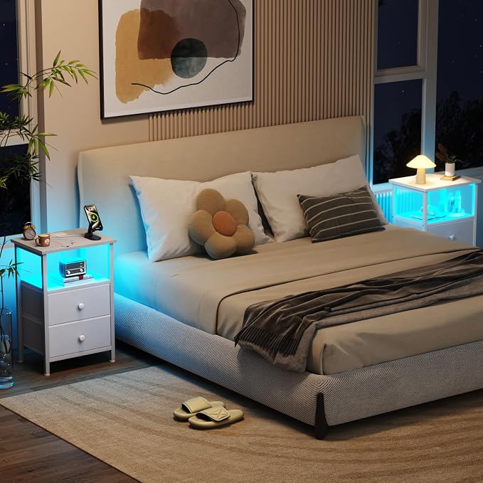 LOAKEKEL LED Night Stand with Charging Station, Small Bedside Table with USB - Image 2
