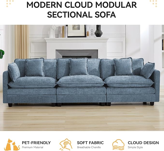 111'' Sectional Cloud Deep Seat Couch, Modern Comfy Chenille Modular Sectional - Image 6