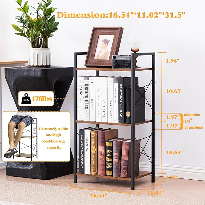 HCHQHS Small Bookshelf, Adjustable 3-Tier Industrial Bookcase, Rustic Open Book - Image 3