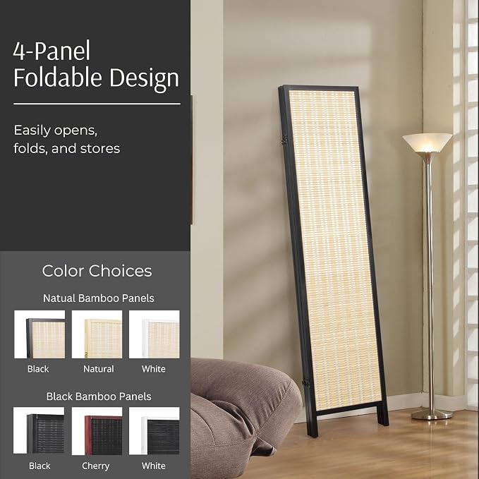Roundhill Furniture Inkwell 4-Panel Bamboo Room Divider, Folding Portable - Image 3