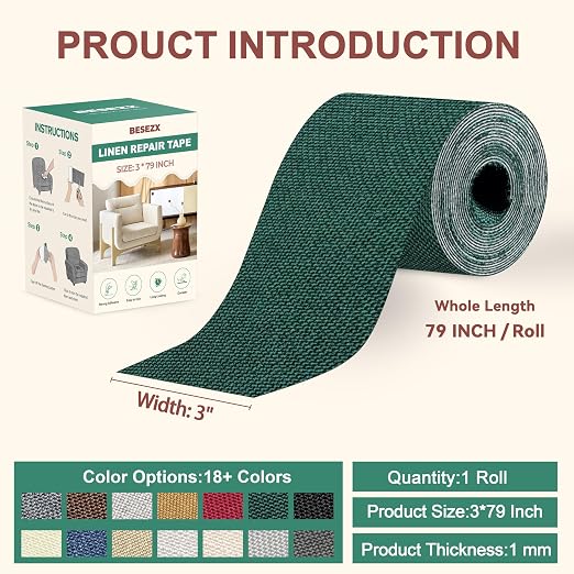 BESEZX Linen Fabric Repair Tape, 3x79 Inch Self Adhesive Repair Patches - Image 2