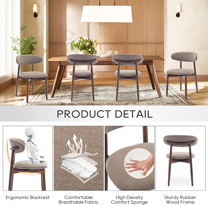 COLAMY Wooden Dining Chairs Set of 6, Modern Fabric Upholstered Kitchen Side - Image 5