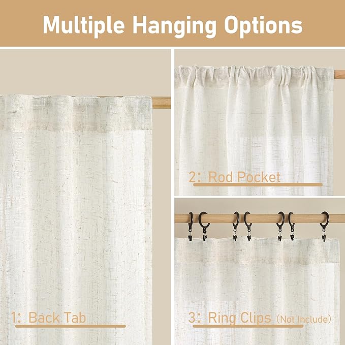 LAMIT Semi Sheer Cream Linen Curtains 36 Inch Length 2 Panels, Light Filtering - Image 3
