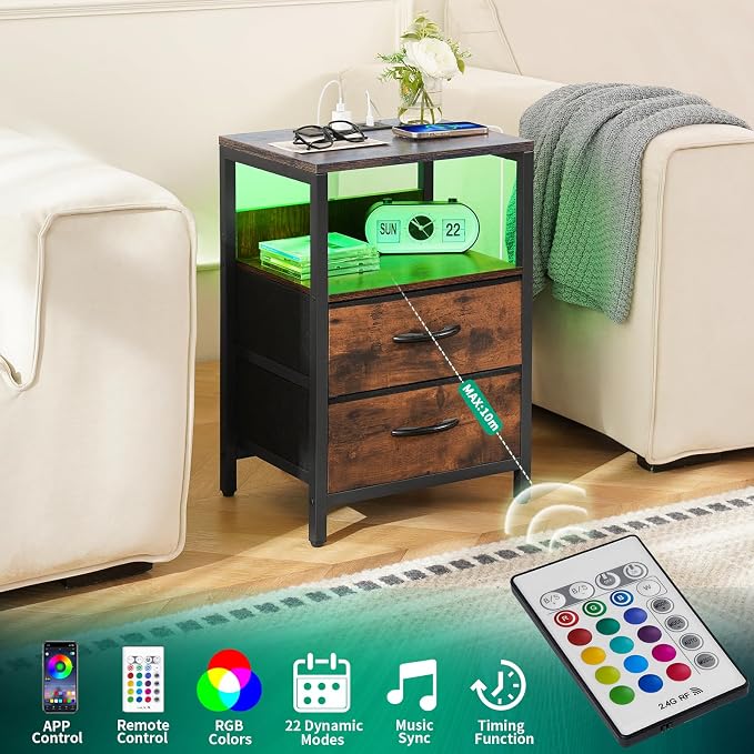 Yoobure Nightstand with Charging Station, LED Night Stand with Fabric Drawers - Image 5