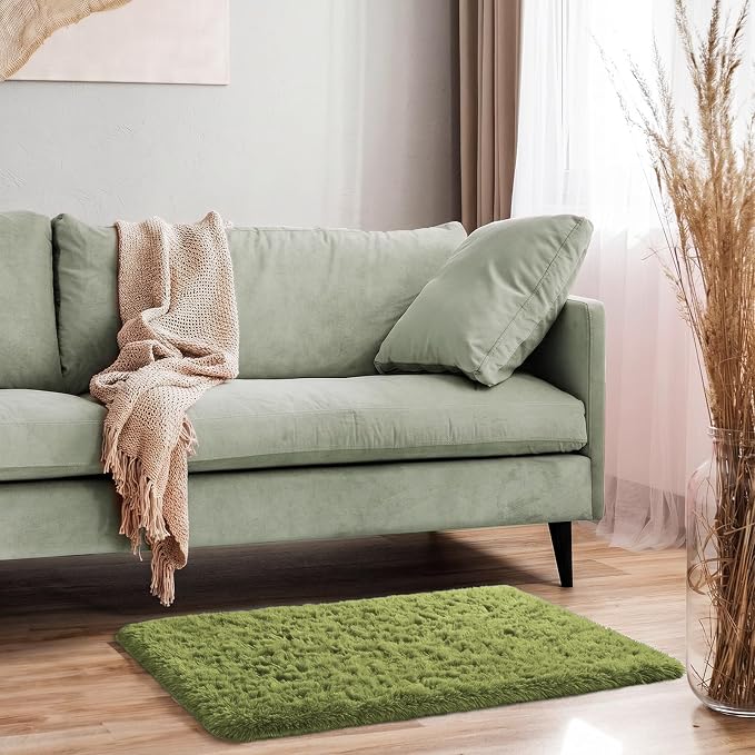 Ophanie Small Rug Washable Non Slip Throw Bedside Area Rugs, Fluffy Soft Green - Image 5