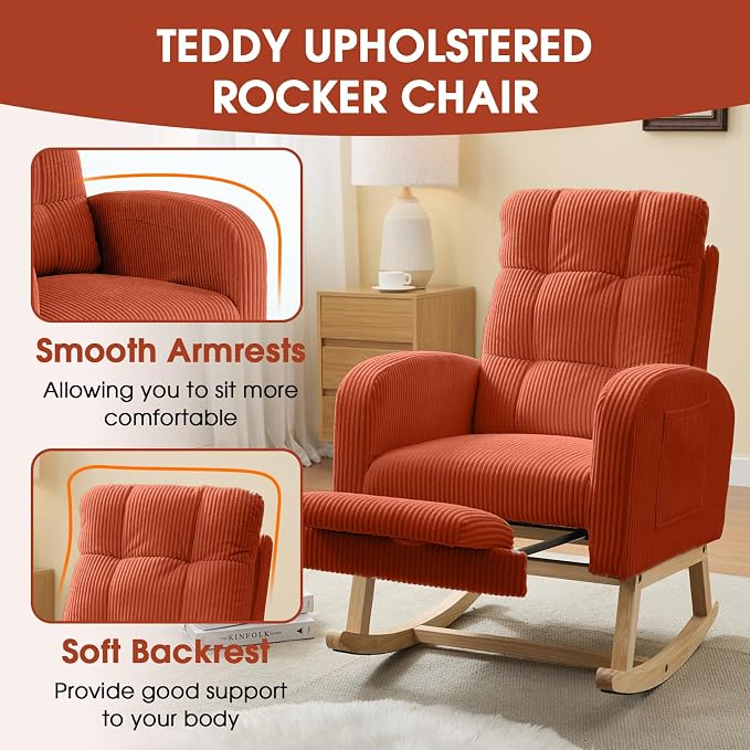 NIOIIKIT Nursery Rocking Chair, Corduroy Upholstered Rocking Chair - Image 6