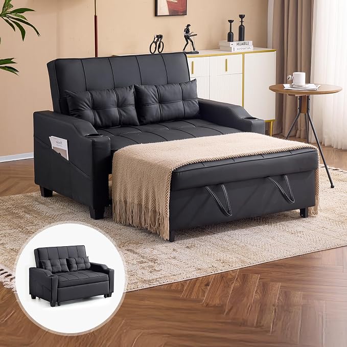 VINGLI Black Futon Sofa Bed Convertible Loveseat Sleeper Couch, Faux Leather by VINGLI