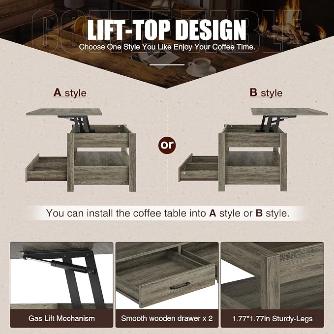 Rolanstar Coffee Table, 47.2" Lift Top Coffee Table - Image 6