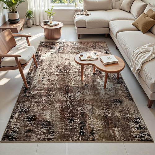 Area Rug 4x6 Brown Rug Washable Boho Rugs Non Slip Low Pile Abstract Coffee - Image 2