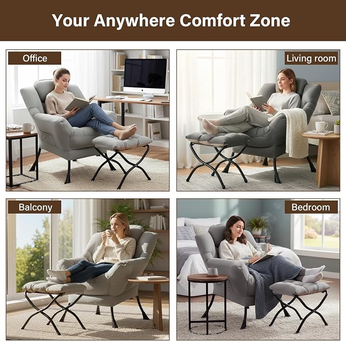 Welnow Lazy Chair with Ottoman, Modern Accent Chair with Armrests and a Side - Image 8