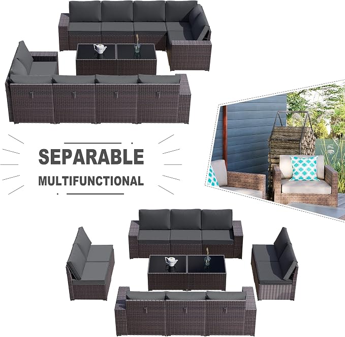 Kullavik Outdoor Patio Furniture Set, 12 Pieces Sectional Rattan Sofa Set Brown - Image 5