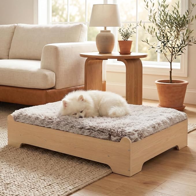Elevated Wooden Dog Bed with Supportive Cushion & Washable Cover, Sturdy by GLOSSGODS