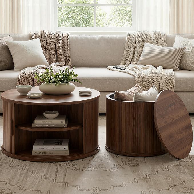 IRONCK Round Coffee Table Set of 2, Fluted Coffee Table and End Table by IRONCK