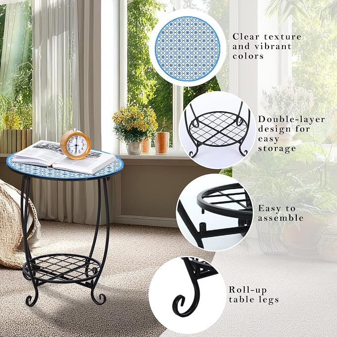 Cinnvoice Outdoor Side Table Round Small Mosaic Patio Accent Indoor End Plant - Image 4