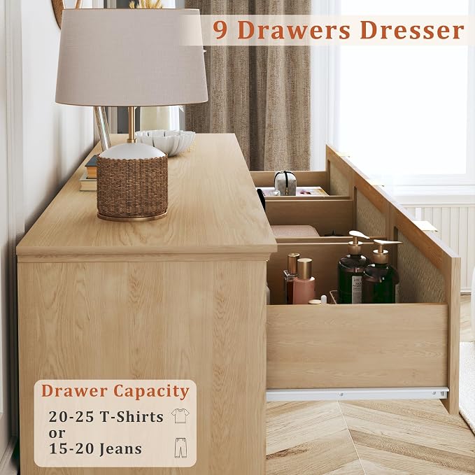 HUAHUU 9 Drawer Dresser for Bedroom, 60 Inch Long Dressers & Rattan Chest of - Image 4