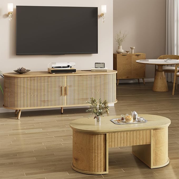 55 inch TV Stand with Power Outlet, Fluted Entertainment Center - Image 7