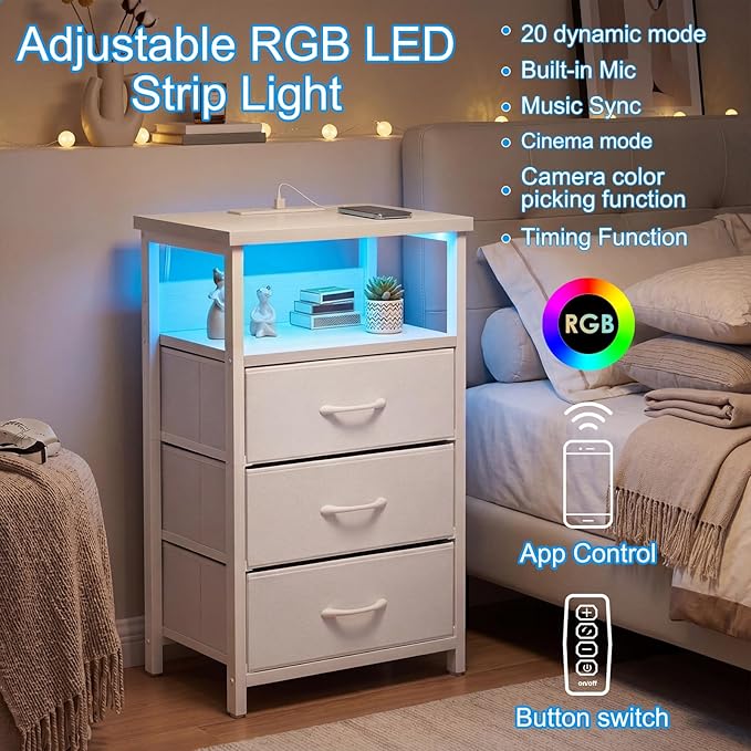 Fixwal White Nightstand with Charging Station, LED Night Stand with 3 Fabric - Image 4