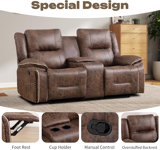 EBELLO Faux Leather Manual Recliner Sofa Set, 2 Seat Reclining Chair and a - Image 3