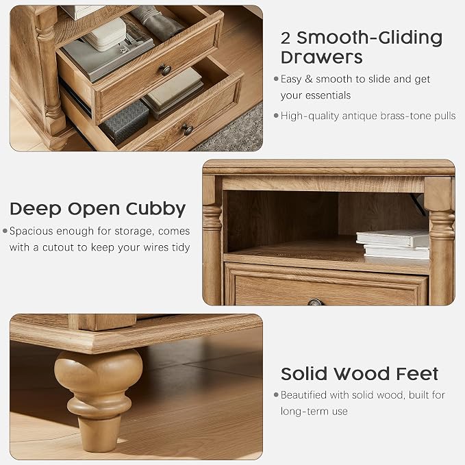 T4TREAM 24'' Farmhouse End Table w/4 Solid Wood Feet, Large 2 Drawers Wide Sofa - Image 5