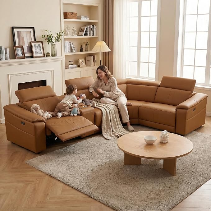 Power Recliner Sectional Sofa, L-Shaped Living Room Furniture Set, Leather by GEBADOL
