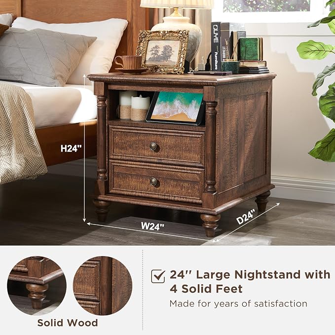 T4TREAM 24'' Farmhouse End Table w/4 Solid Wood Feet, Large 2 Drawers Wide Sofa - Image 2