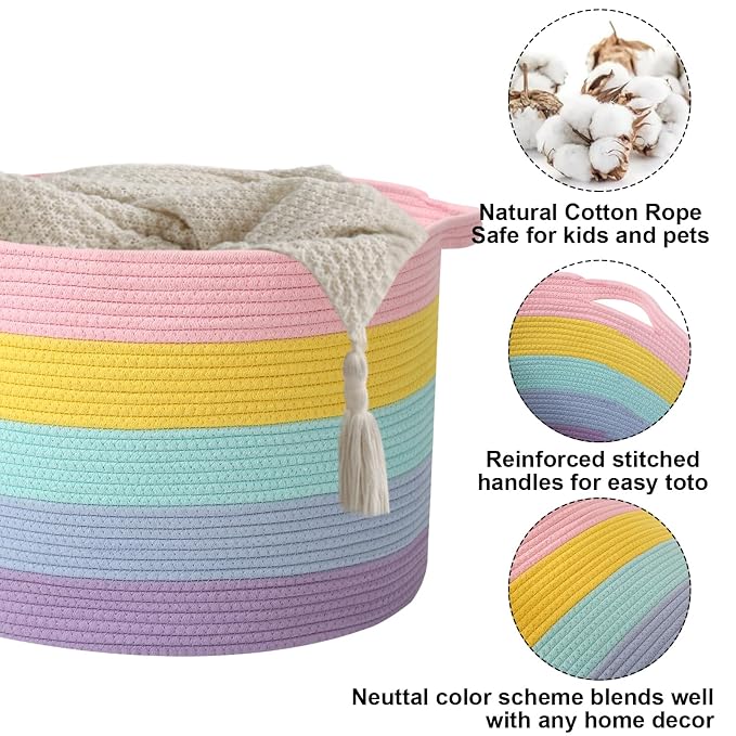 90L Large Blanket Basket, 21.7"L x 21.7"W x 13.8"H Rope Woven Baskets - Image 3