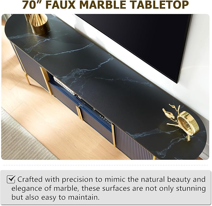 OKD 70" Fluted TV Stand with Storage, Faux Marble Top Entertainment Center - Image 3