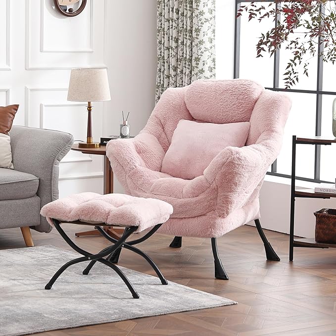 Lazy Chair with Ottoman, Large Pink Accent Chair with Ottoman and FA Throw - Image 5