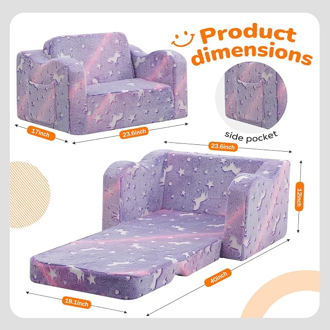 MeMoreCool Glowing Lavender Unicorn Kids Chair, 2-in-1 Convertible Kids Couch - Image 2