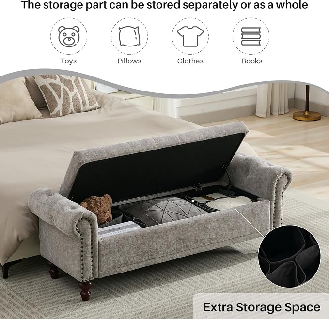 SOFTHION 58.1" Storage Bench Upholstered Chenille End of Bedroom Bed Bench - Image 3