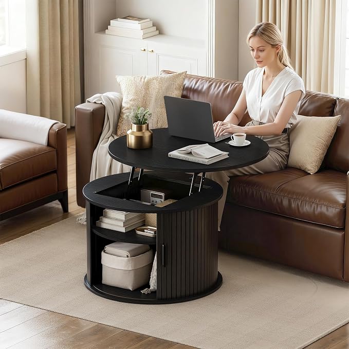 FABATO Round Lift Top Coffee Table, Fluted Wood Accent Coffee Table - Image 6