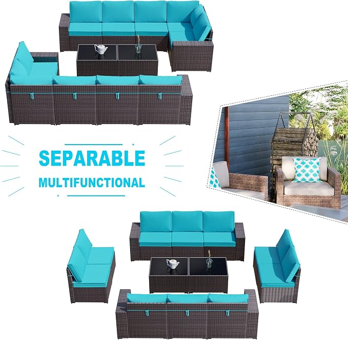 Kullavik Outdoor Patio Furniture Set, 12 Pieces Sectional Rattan Sofa Set Brown - Image 5