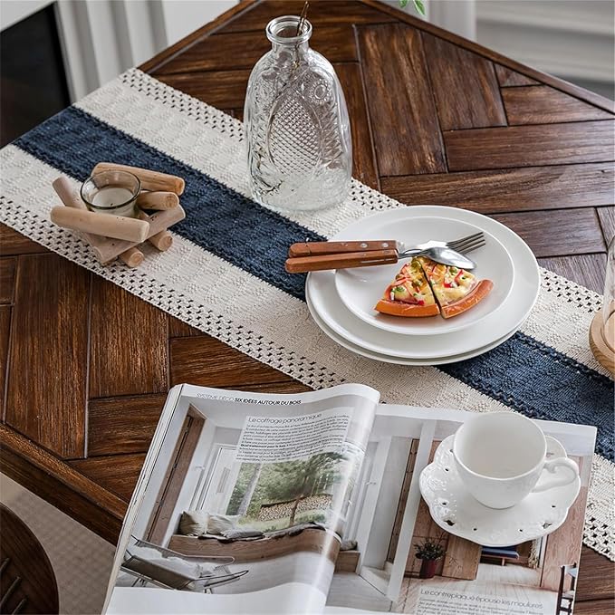 Macrame Table Runner Cream Beige and Blue Boho Table Runners - Image 2