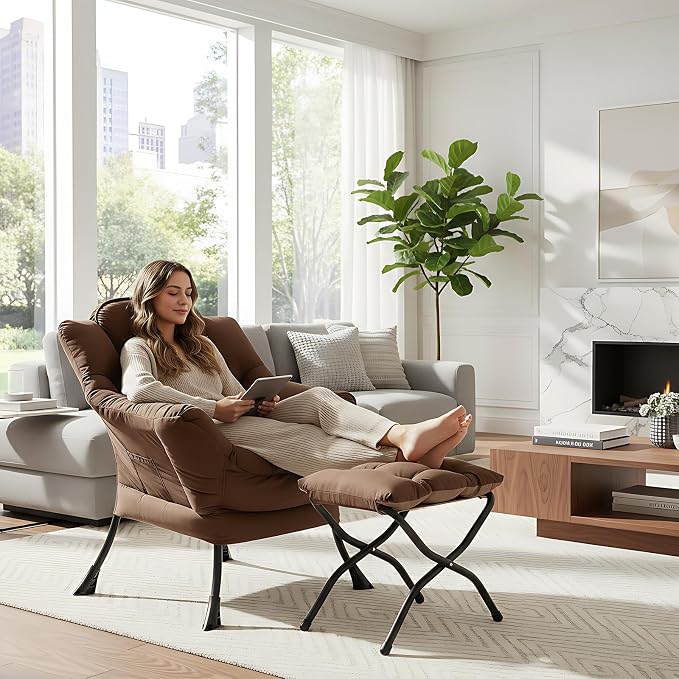MBOOYOME Lazy Chair with Folding Ottoman, Modern Accent Armchair with Armrests - Image 2