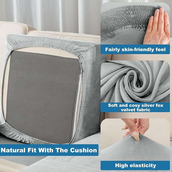 Couch Cover 6-Piece Elastic Velvet Couch Cushion Covers & Chaise Slipcovers - Image 4