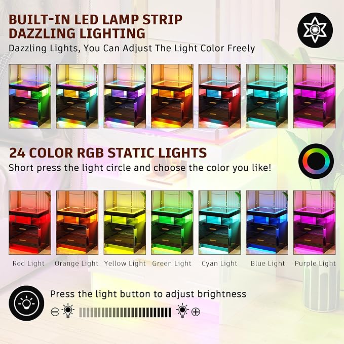 WOOVIVS Nightstand with 24 Colorful Lighst, LED Night Stand with - Image 5