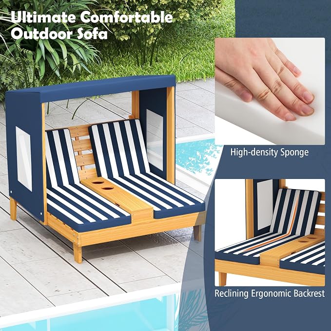 HONEY JOY Kids Chaise Lounge Chair Outdoor, Toddler Wood Double Pool Lounger - Image 4