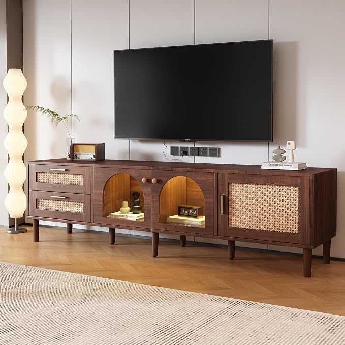 Merax Rattan TV Stand with LED Lights, Solid Wood Feet, Living Room, Bedroom - Image 8