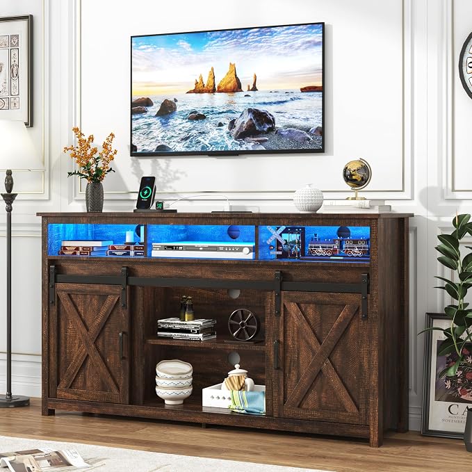 LED Farmhouse TV Stand for 65 inch TVs, Rustic Entertainment Center TV Cabinet by Bolonbi