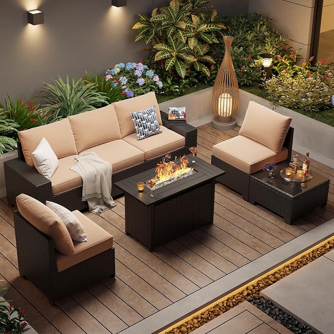 Aoxun Patio Furniture Set with 44'' Fire Pit Table, Widen Armrests Wicker - Image 10
