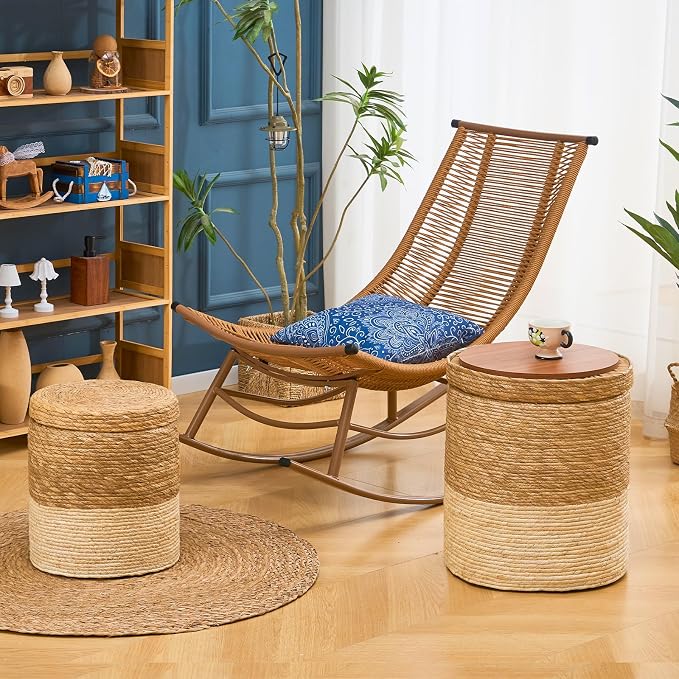 Wimarsbon Round Pouf Ottomans, Handwoven Natural Water Hyacinth Seagrass Pouffe - Image 2