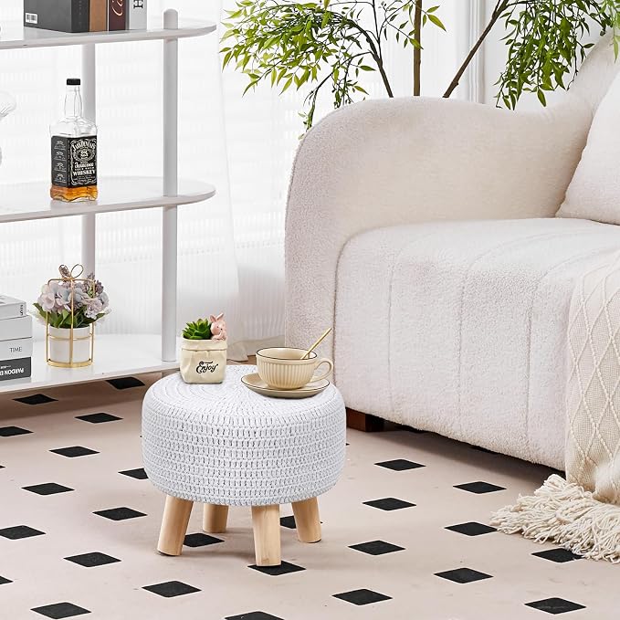 Wimarsbon Pouf Ottoman, 100% Cotton Knitted Boho Footstool, Round Footrest - Image 6