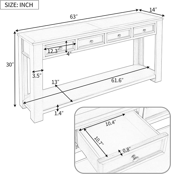 LKTART Solid Wood Console Table, 63 in Long Sofa Table Entryway Table - Image 3
