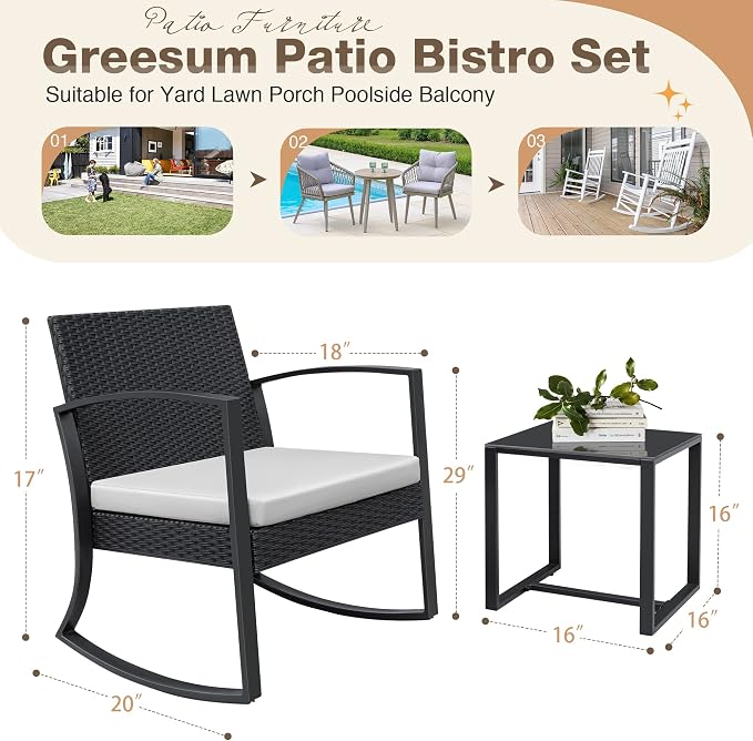 Greesum 3 Pieces Outdoor Furniture Set Patio Bistro Rocking Chairs - Image 2