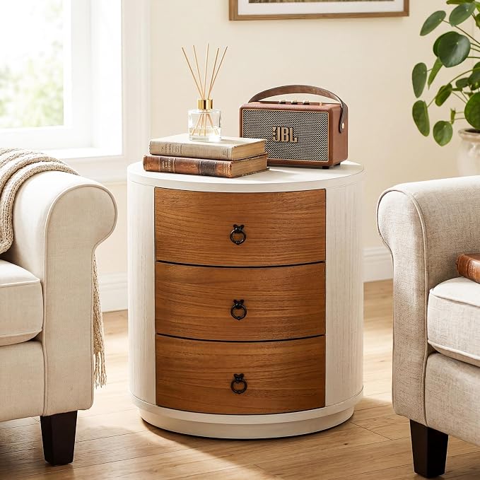 HOMPUS Fully Assembled Round Nightstand, 3 Drawer Chest of Drawers, Wood Rustic - Image 4