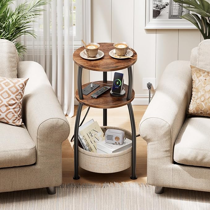 Side Table with Charging Station, Small Round End Table with Basket, USB Port - Image 7